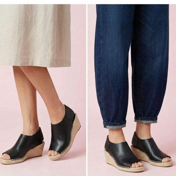 Celine Shoes - Celine Paris French Girl Crosta Fossil Black Leather Espadrille Wedge Sandals